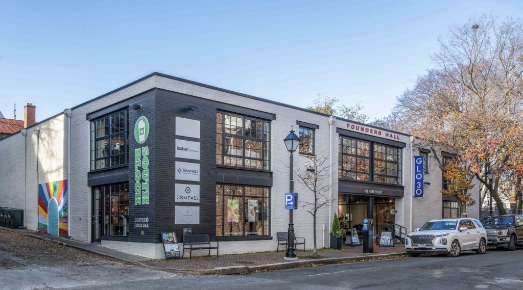 Founders Hall exterior building located in Old Town, VA. Steps to Kings Street. Private Offices, Free WiFi and many more amenities.